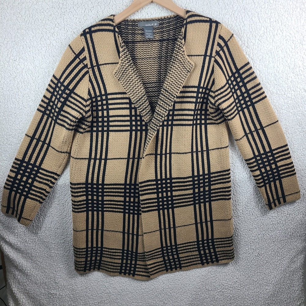 Lola B Plaid Knit Cardigan Sweater Jacket Women's M Camel Black Open Front
